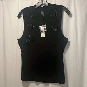Size L Sleeveless Black Beaded Ribbed Top by Anthropologie